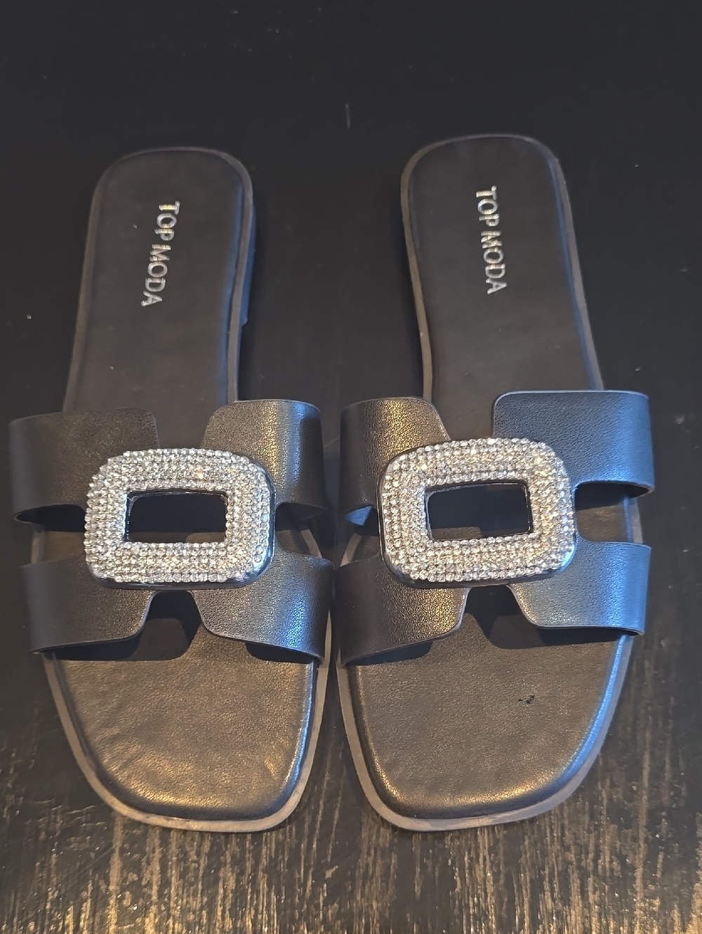 TOP Moda Black Slide Sandals with Rhinestone Square Buckles